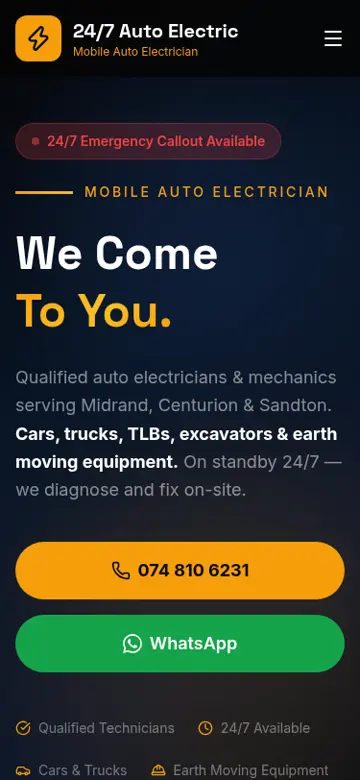 24/7 Auto Electric website on a phone