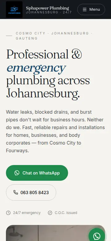 SphaPower Plumbing website on a phone