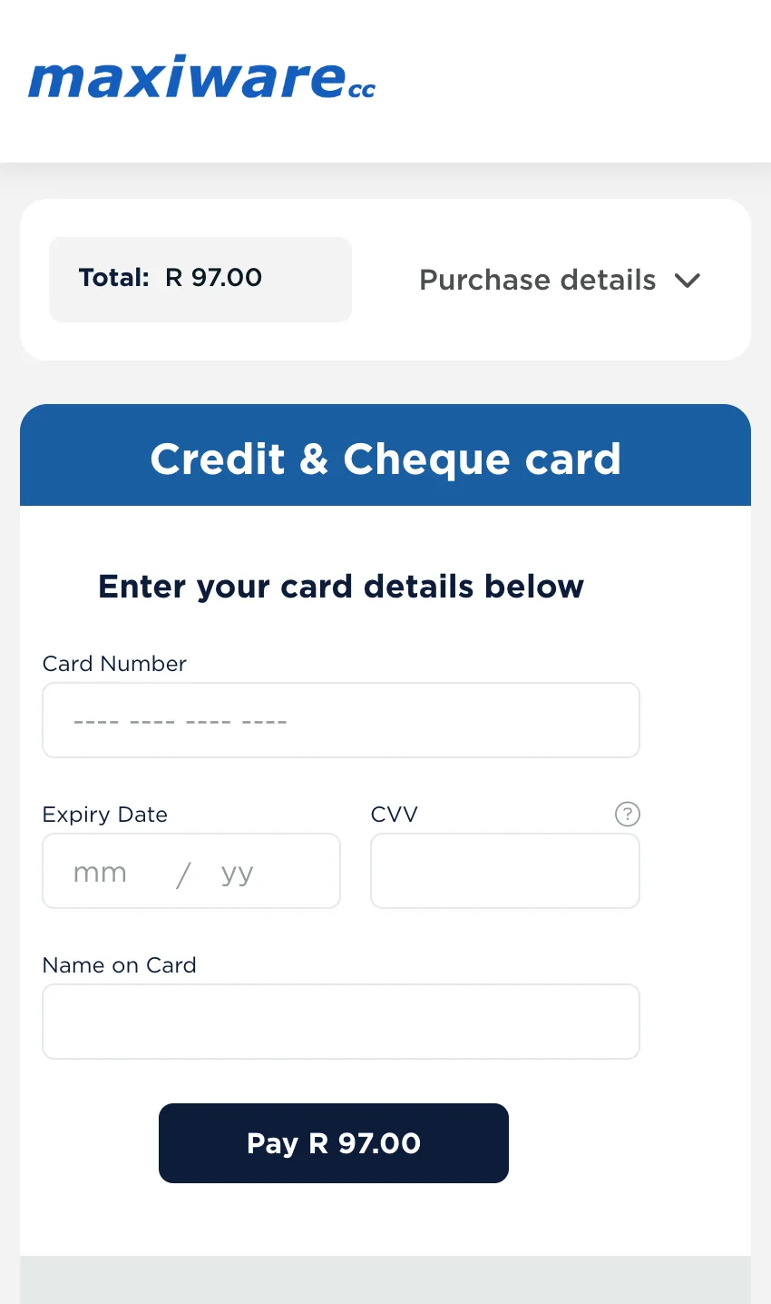 Preview of the secure payment page showing Maxiware CC and the R97 card payment form
